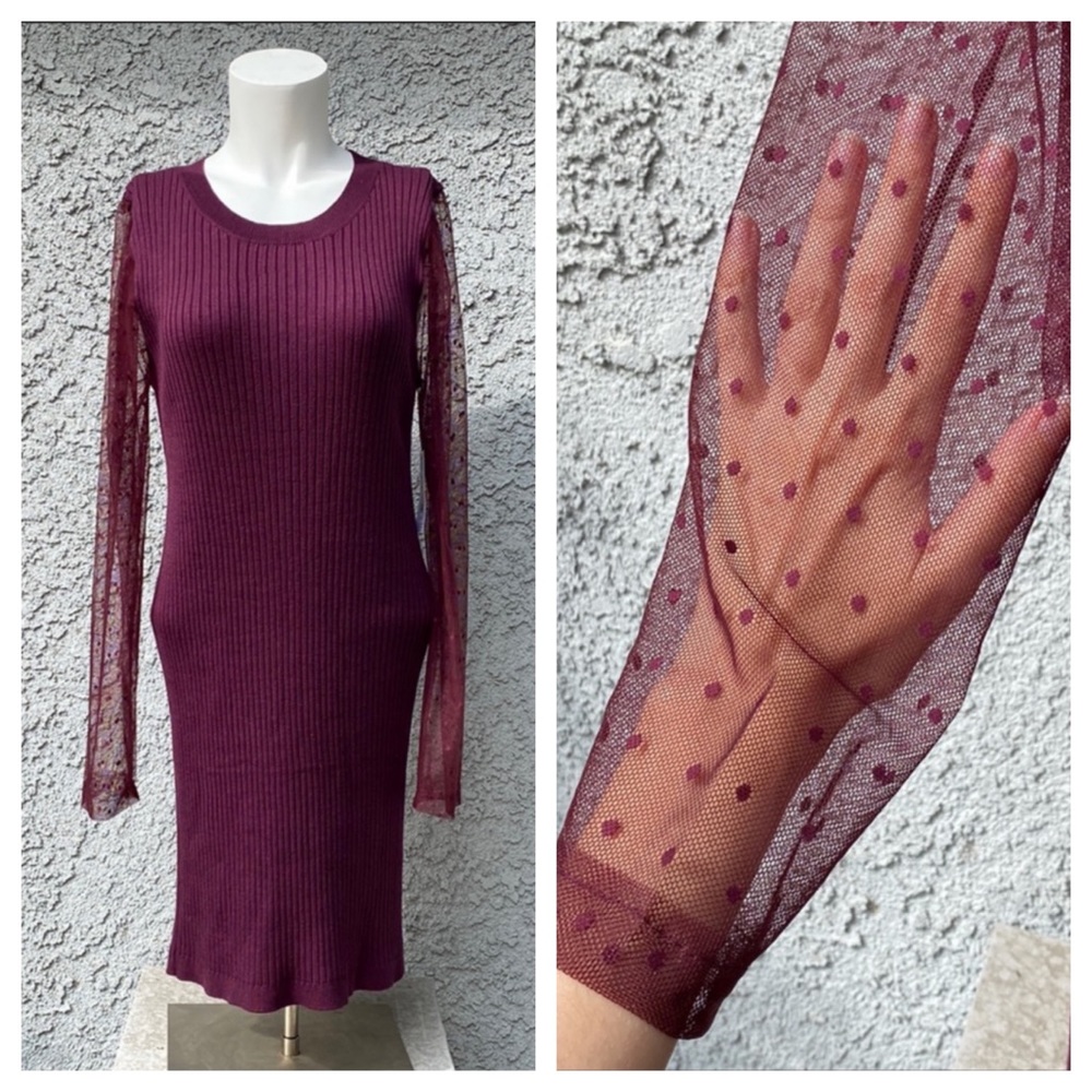 Society 212 Burgundy Maroon Ribbed Knit Dress with Sheer Mesh Polka Dot Sleeves